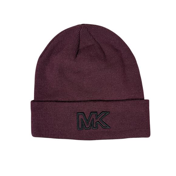 Michael Kors Knit Logo Beanie Mens OS Burgundy MK Patch Minimalist Winter - Picture 2 of 5